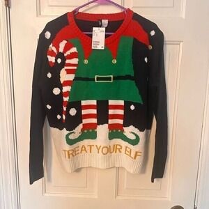 NWT H&M Christmas Elf Ugly Holiday Sweater Treat Your Elf Candy Cane Pullover  M